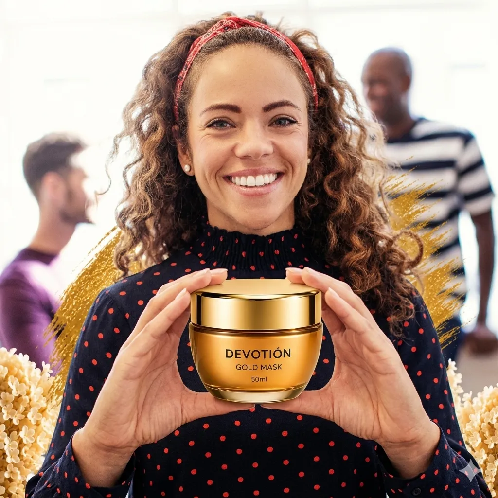 Mãos femininas a segurar um frasco de creme Dévotion sobre seda marfim