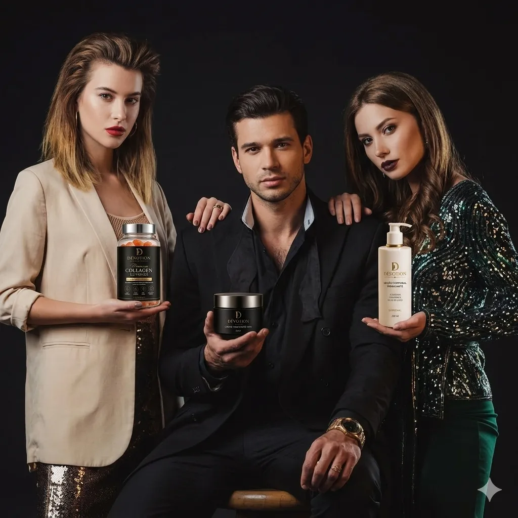 Flatlay de atelier Dévotion com caderno, caneta dourada e frascos sobre mármore